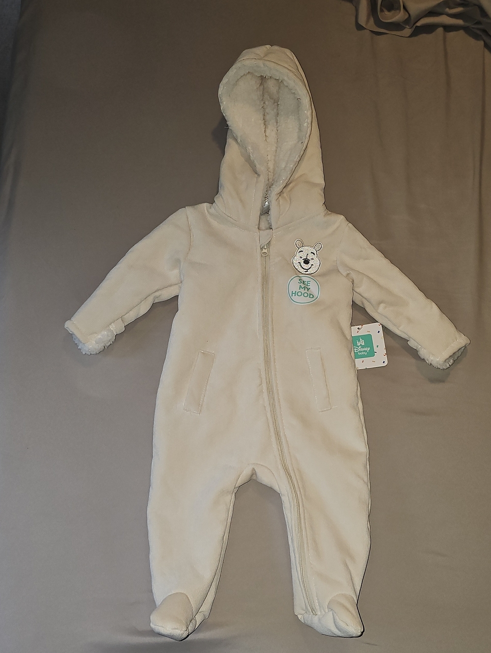 Disney Cream Hooded Sherpa-Lined Kids One-Piece Size 6 To 9 Months